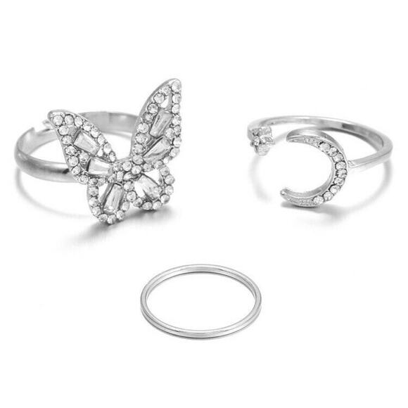 Silver Alloy Plated Fashion Rhinestone Butterfly Moon Star Ring Trio - Picture 1 of 8